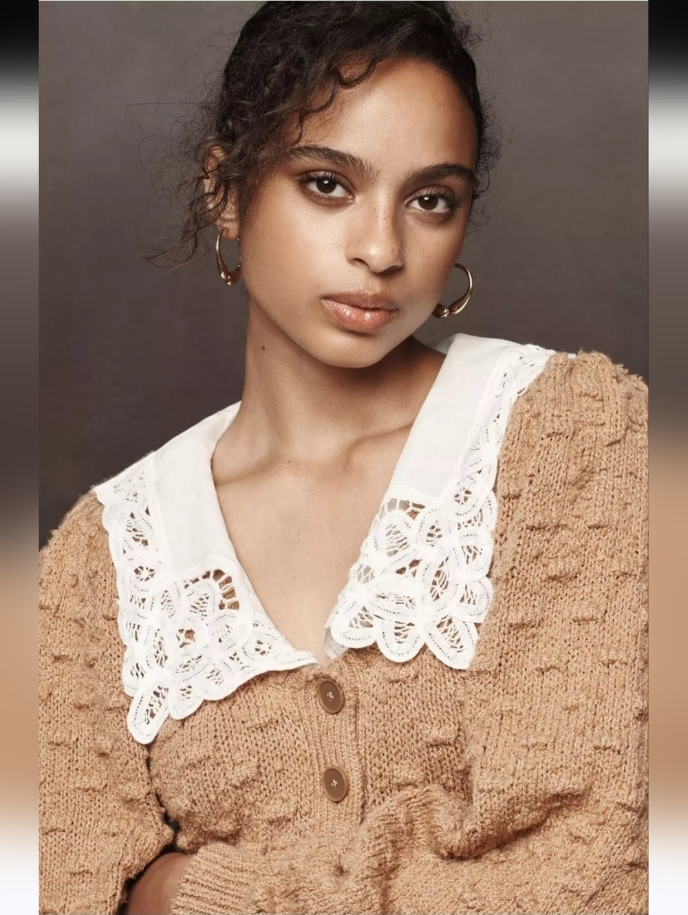 ANTHROPOLOGIE Bobble Knit Lace Collar Cropped Cotton Cardigan Mocha Brown M EUC - Picture 2 of 12